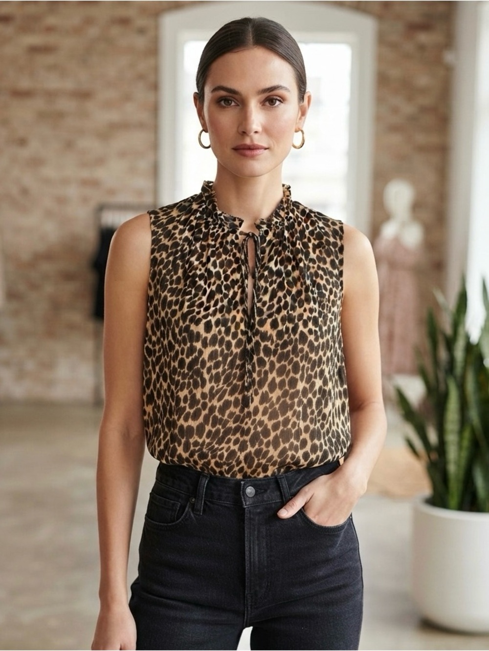 J.Crew Factory Leopard Sleeveless Ruffle Tie-Neck Top Black/Brown Size M - Picture 1 of 11